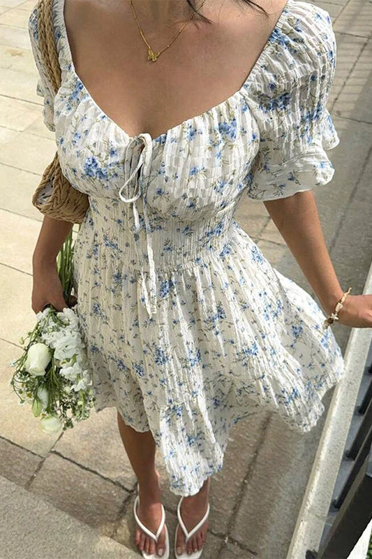 Lace-Up V-Neck Backless Floral Dress
