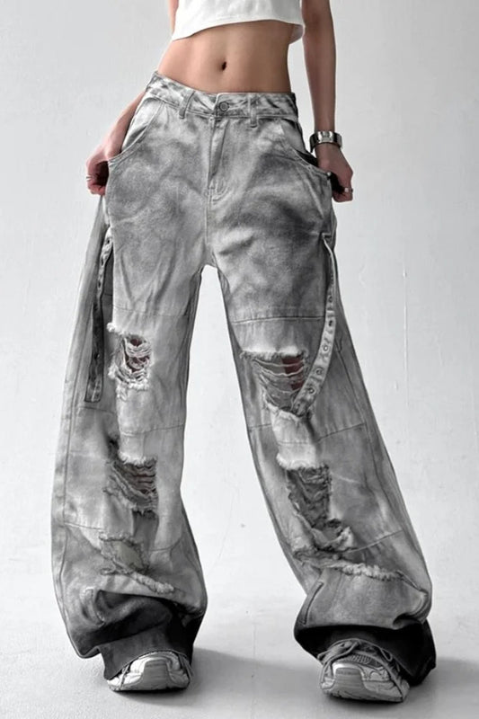 Washed Ripped Wide Leg Jeans