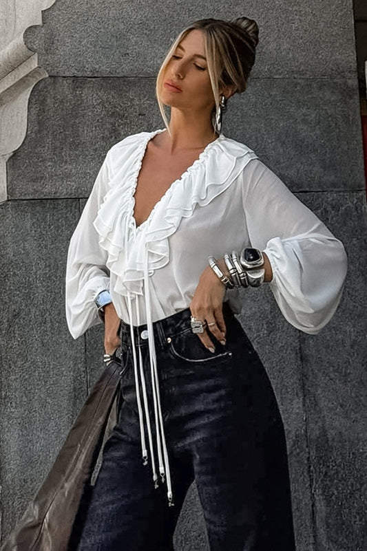 Vintage Ruffle Tie V-Neck Lantern Sleeve Blouse