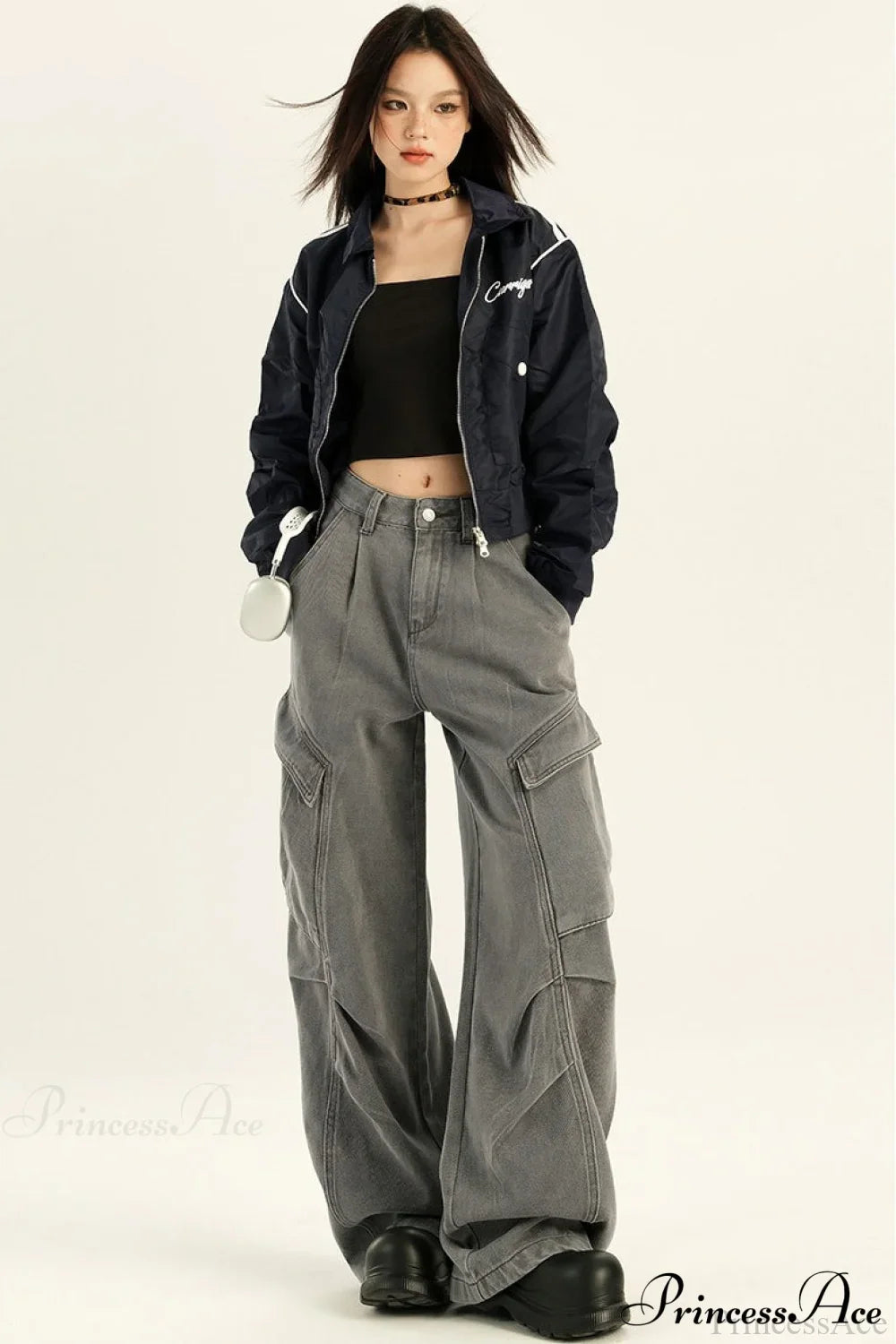 Denim Loose Wide Leg Flattering Cargo Pants Grey / XS
