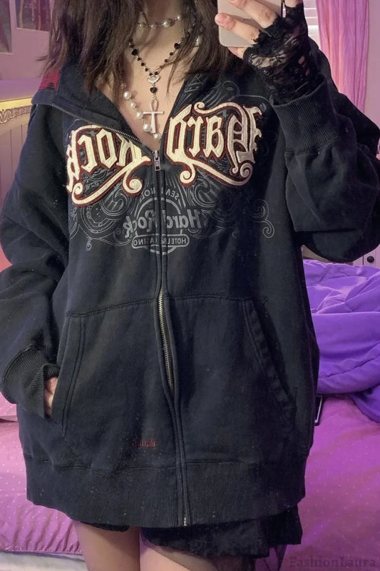 Digital Print 3D Embroidery Hoodie Black / S