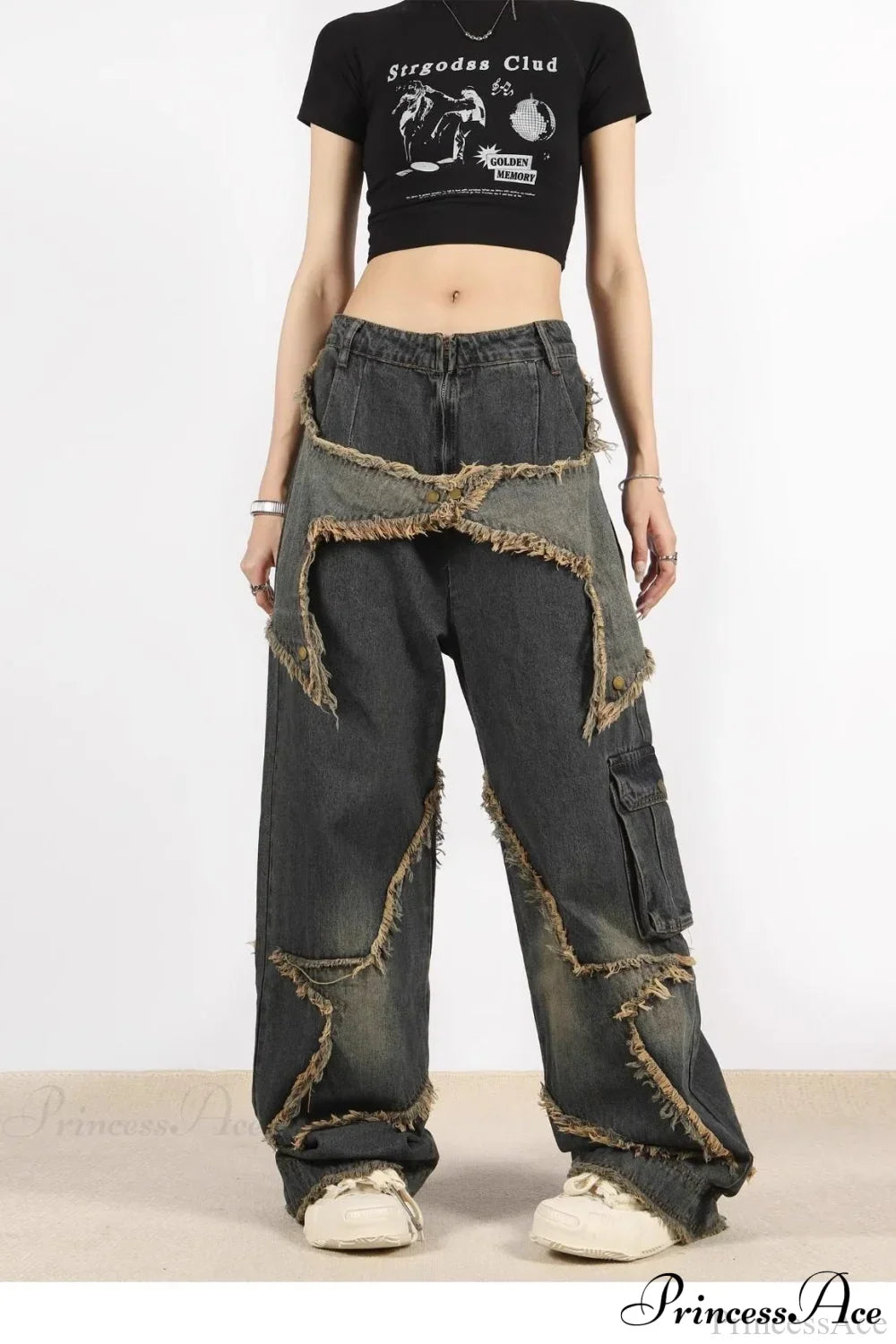 Distressed Frayed Star Straight Leg Hip Hop Jeans