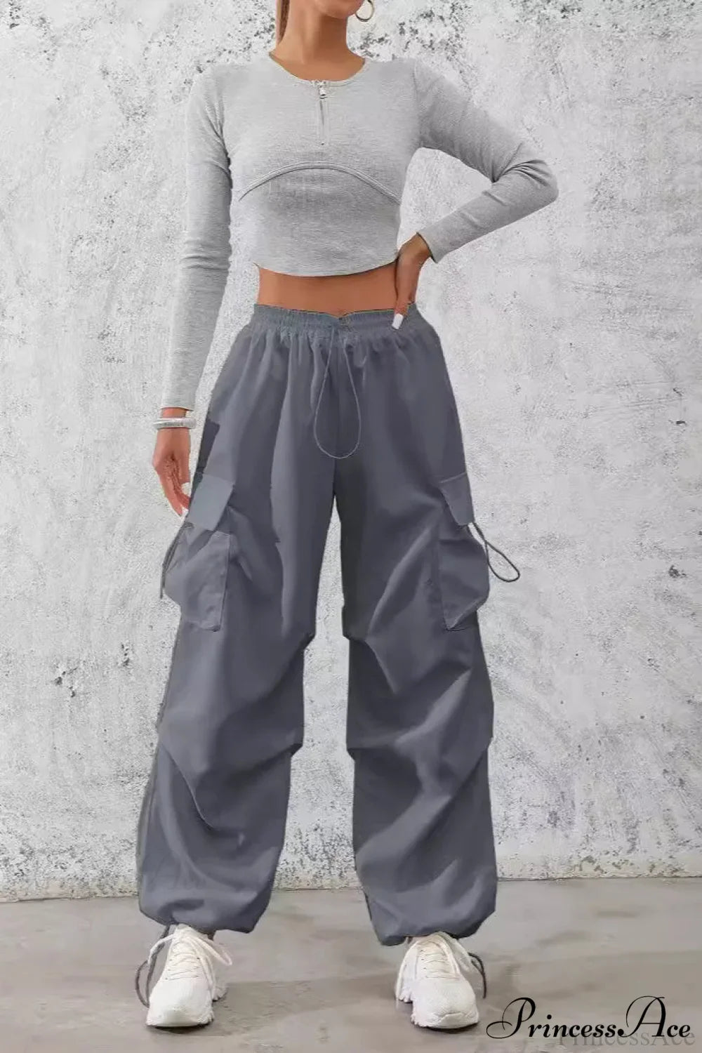 Drawstring Casual Pocket Cargo Pants Grey / S