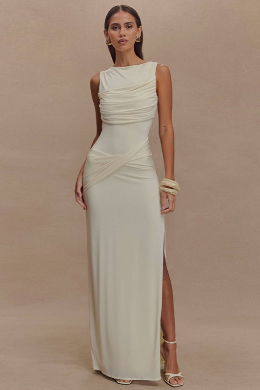 Ruched Split Backless Maxi Dress