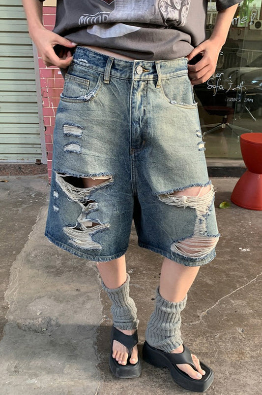Distressed Frayed Hem Mid Length Denim Shorts