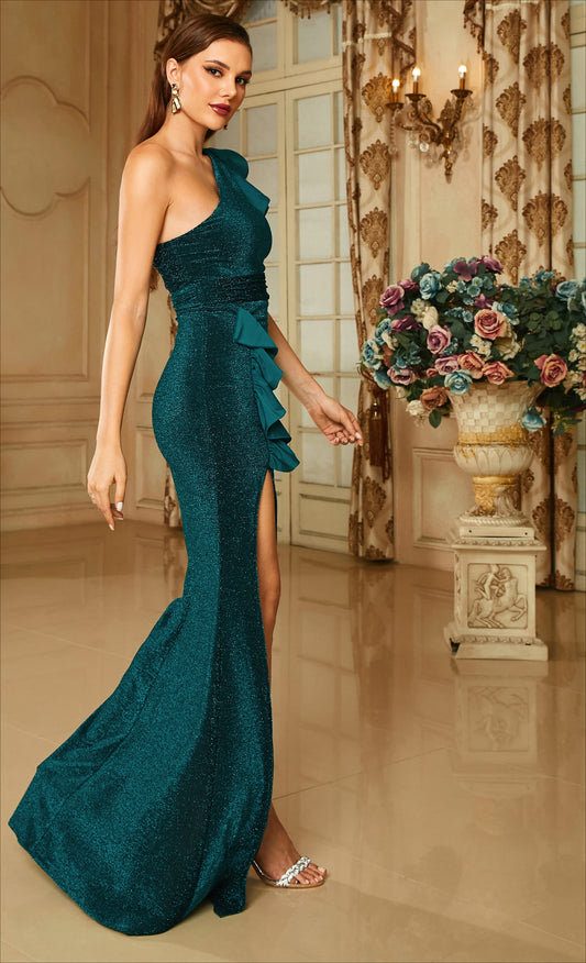 One Shoulder Ruffle Emerald Green Prom Dress - Elegant Christmas Party Dress