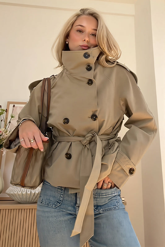 High Neck Double Breasted Short Trench Coat