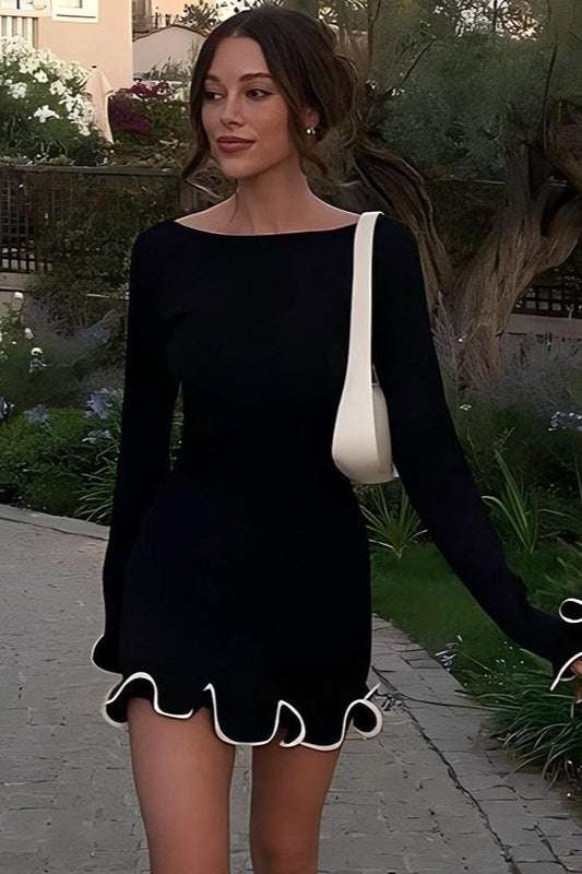 Cuffed Sleeve Solid Knit Mini Sweater Dress