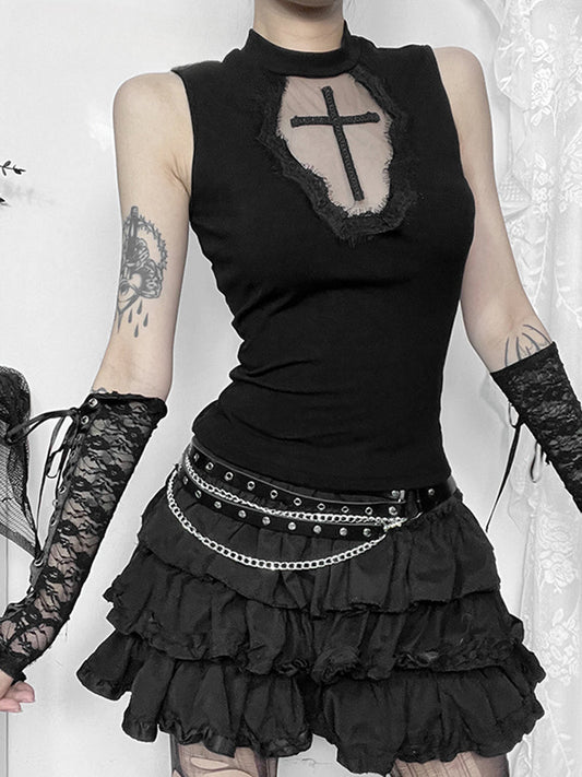 Gothic Dark Cross Mesh Patchwork See Through Grunge Alternative Crop Top