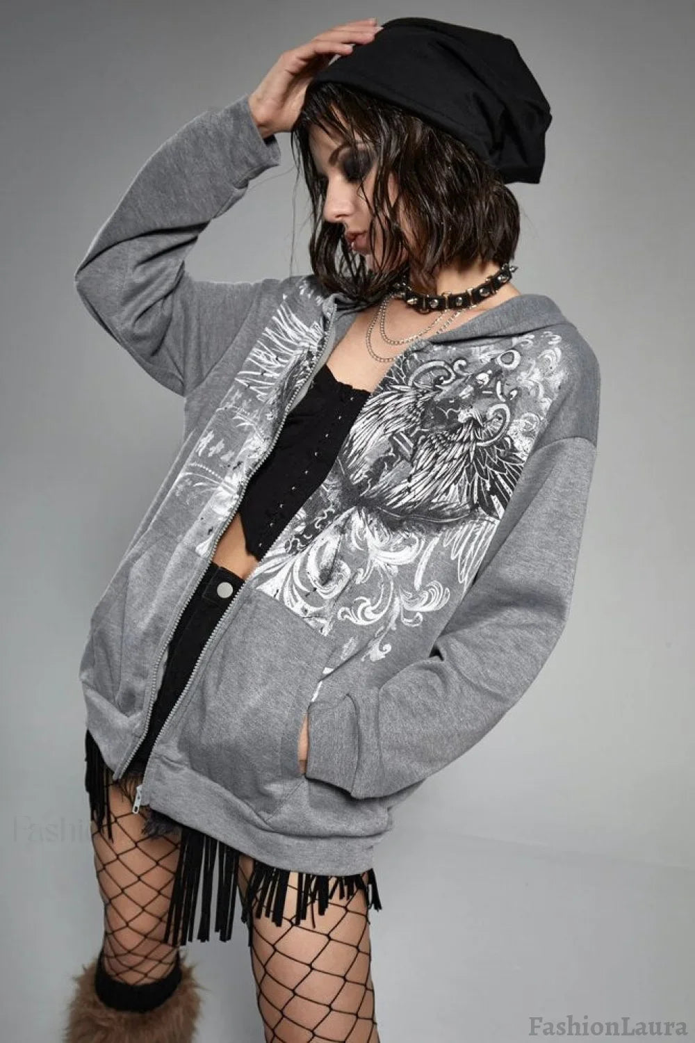 Eagle Print Zip Up Hoodie
