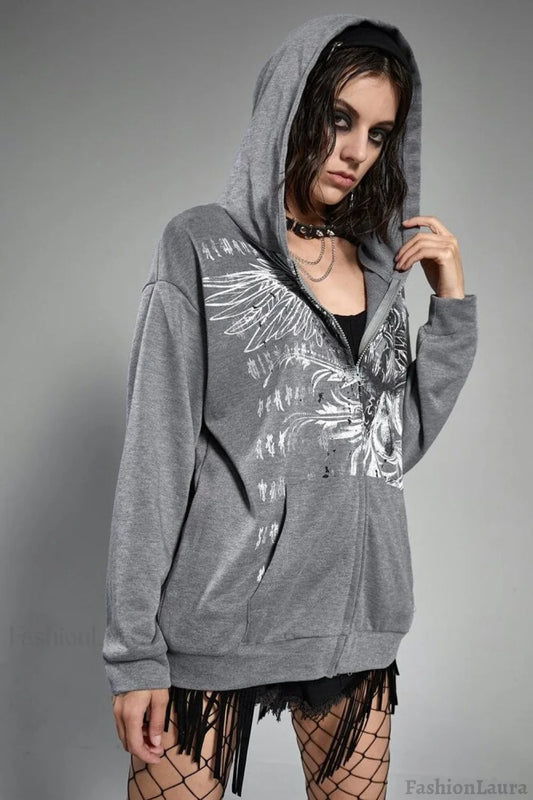 Eagle Print Zip Up Hoodie