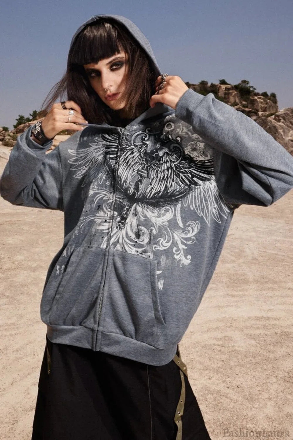 Eagle Print Zip Up Hoodie Grey / S