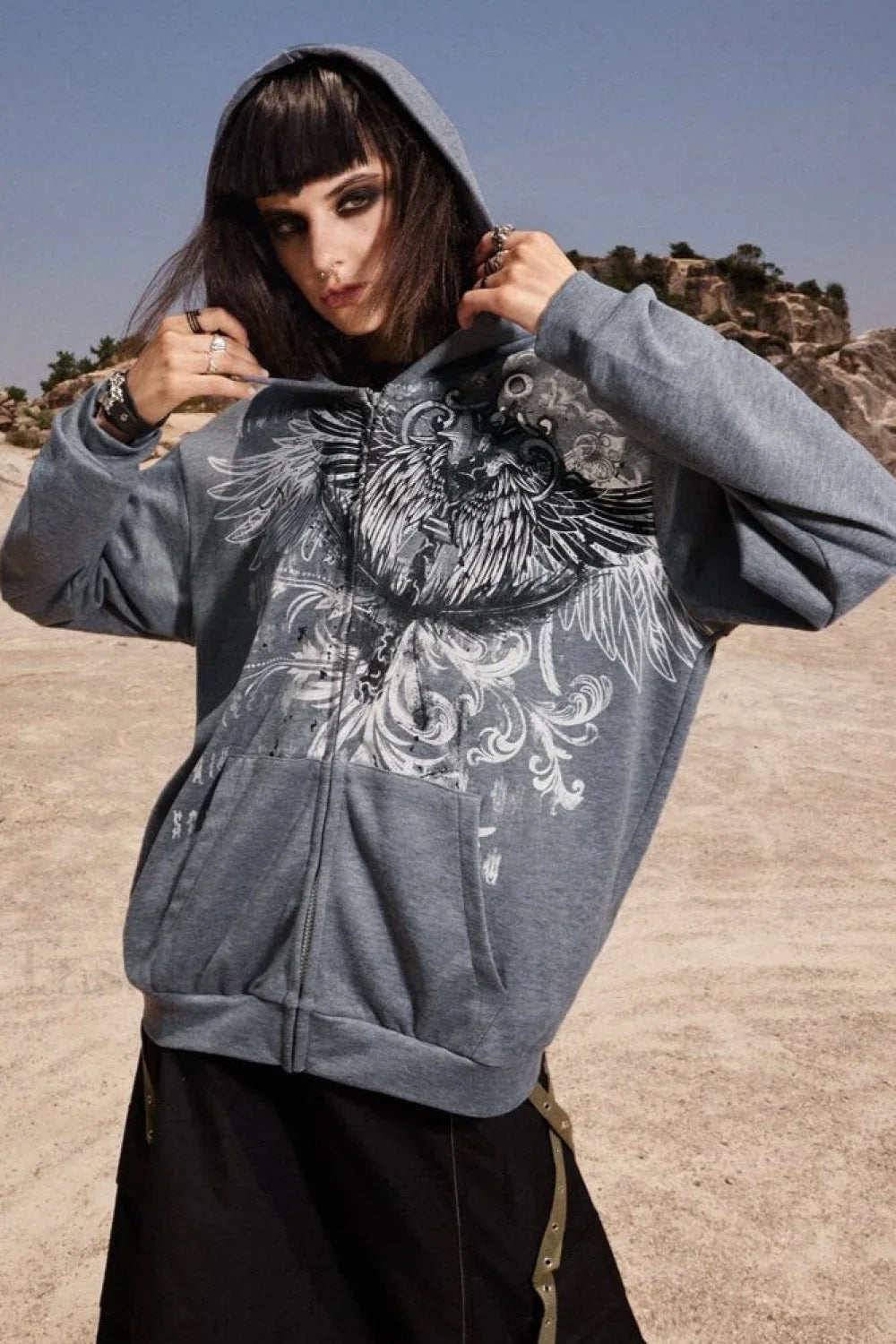 Eagle Print Zip Up Hoodie Grey / S