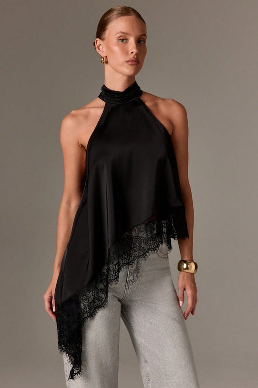 Lace Trim Asymmetric Hem Halter Top