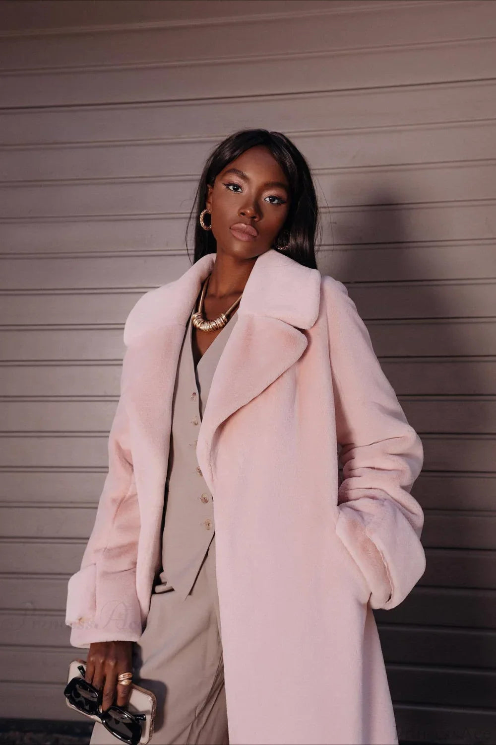 Elegant Thickened Plush Faux Fur Overcoat Pink / S
