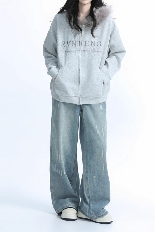 Fur Collar Oversized Zip Hoodie