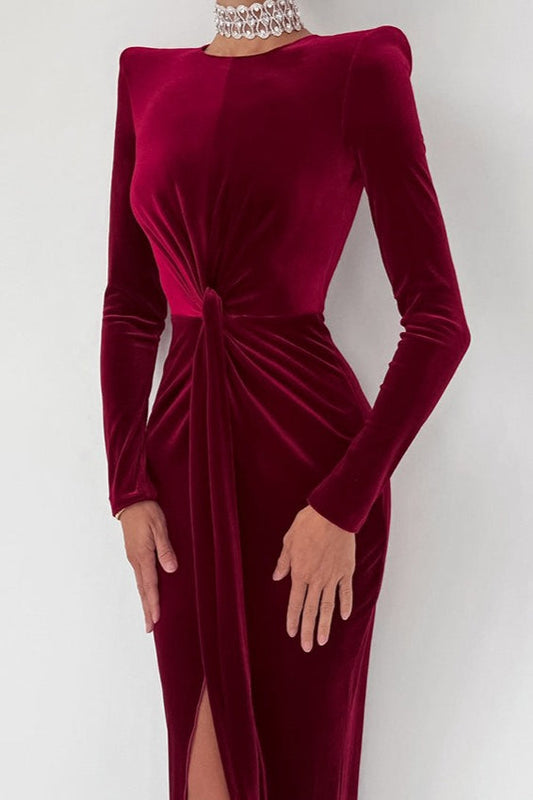 Sultry High Slit Angora Red Velvet Dress