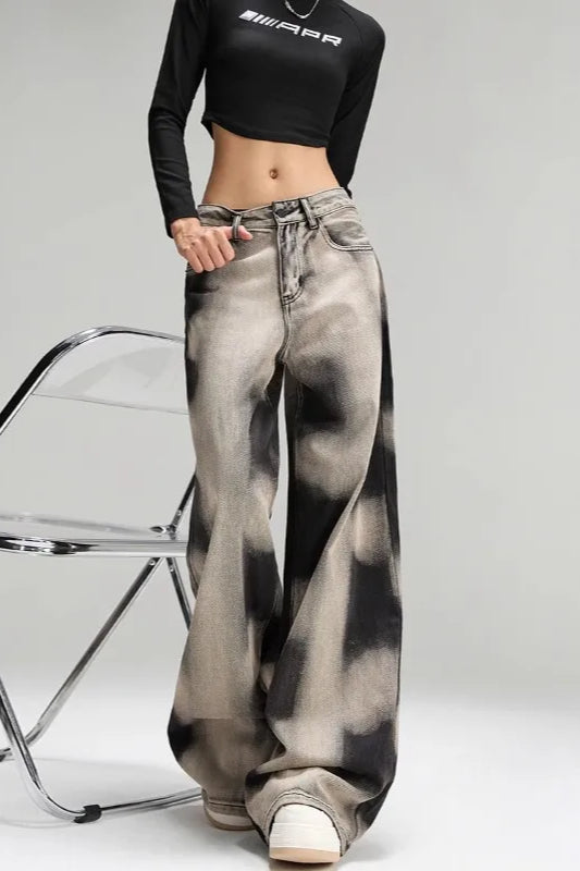 Vintage Grey Tie Dye Wide Leg Jeans