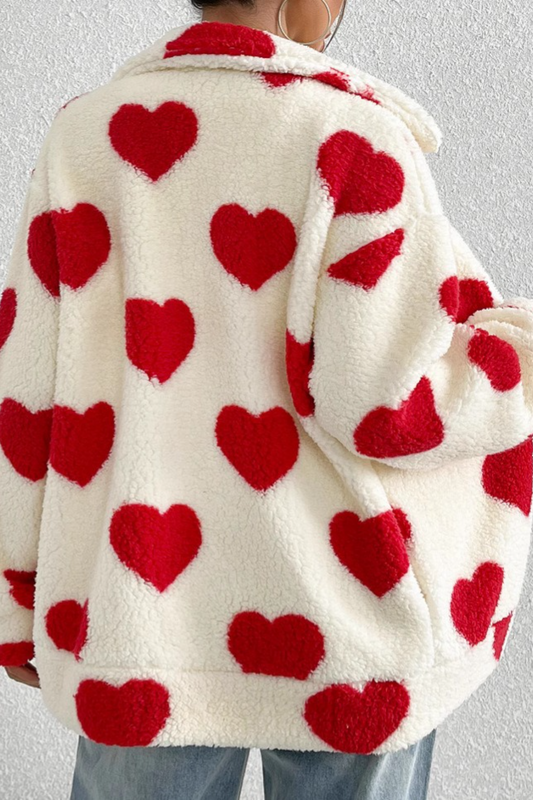 Fuzzy Heart Print Oversized Long Sleeve Zip Christmas Outerwear