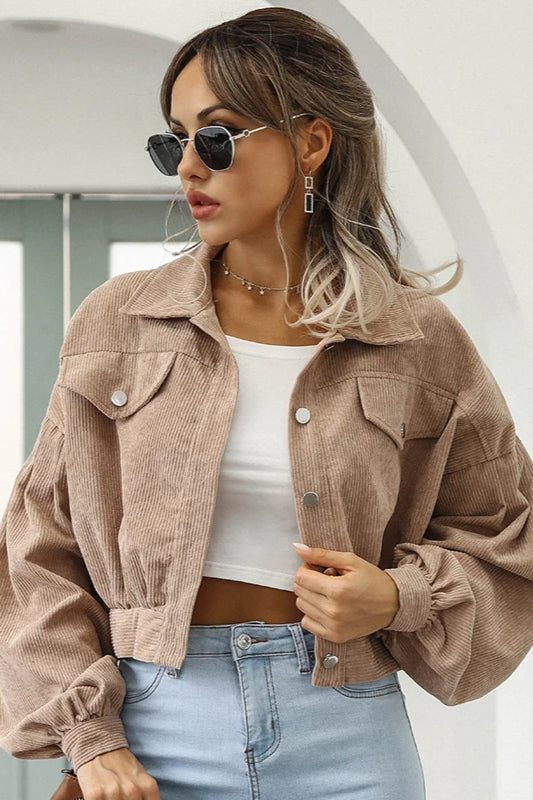 Corduroy Cropped Lantern Sleeve Jacket
