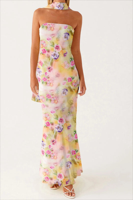 Strapless Ruffle Maxi Floral Dress