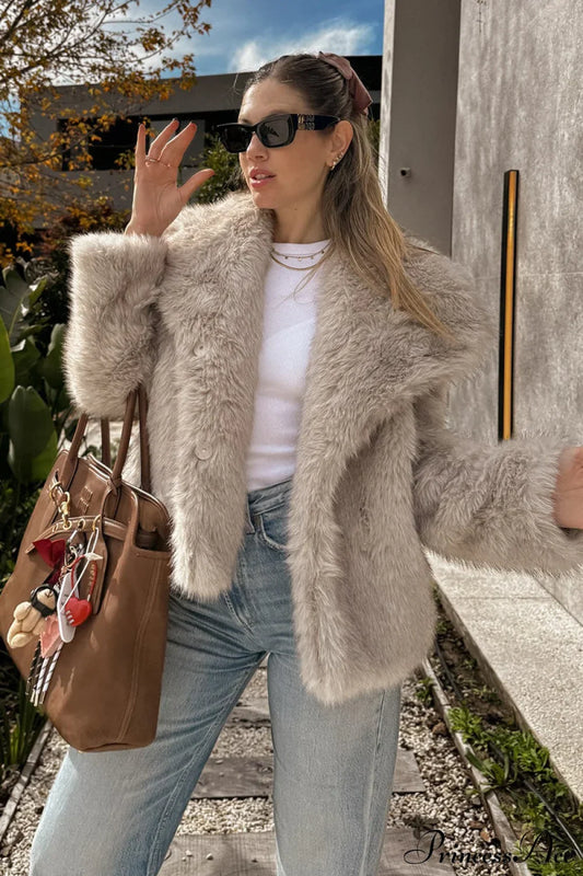 Fleece Cardigan Faux Fur Warm Coat Beige / S