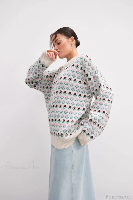 Floral Jacquard Crew Neck Knit Sweater White / S