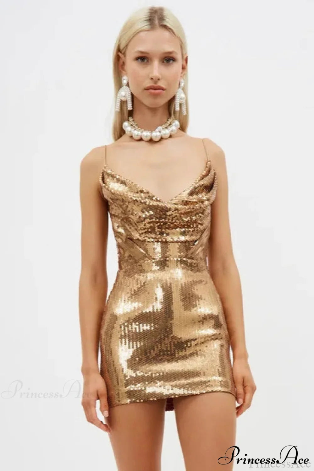Gold Sequin V Neck Spaghetti Strap Party Dress
