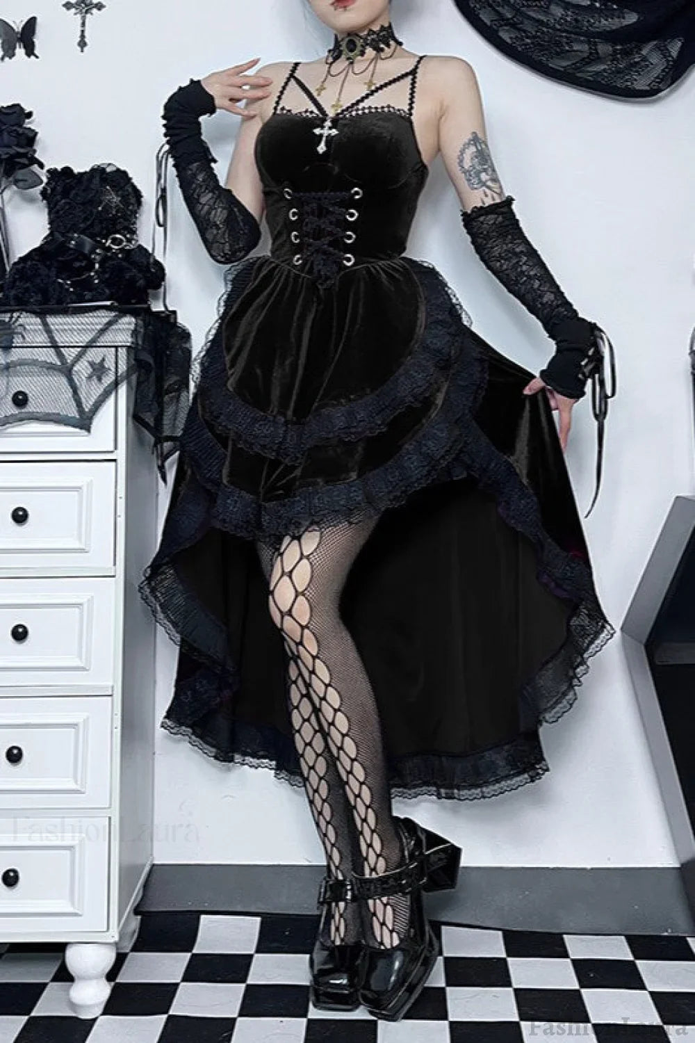 Gothic Lace-Up Waist Halloween Dress Black / S