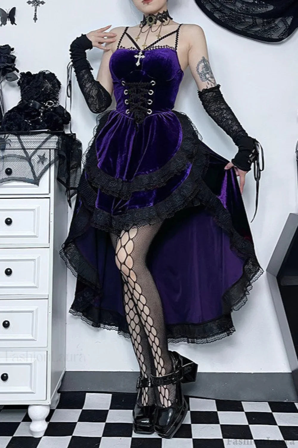 Gothic Lace-Up Waist Halloween Dress Purple / S