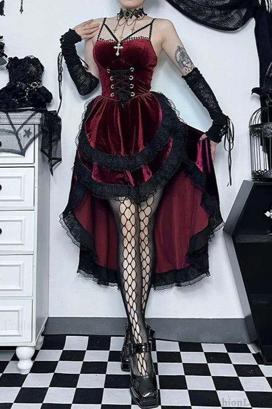 Gothic Lace-Up Waist Halloween Dress Red / S