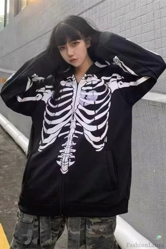 Gothic Skeleton Zipper Hoodie Black / M