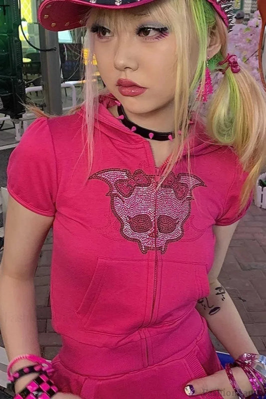 Gothic Skull Rhinestone Y2K Hoodie Pink / S