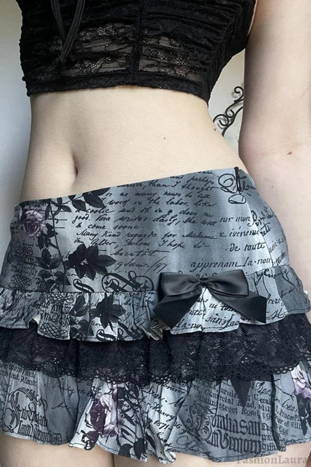 Halloween Gothic Lace Trim Low Waist Ruffled Mini Skirt Grey / S