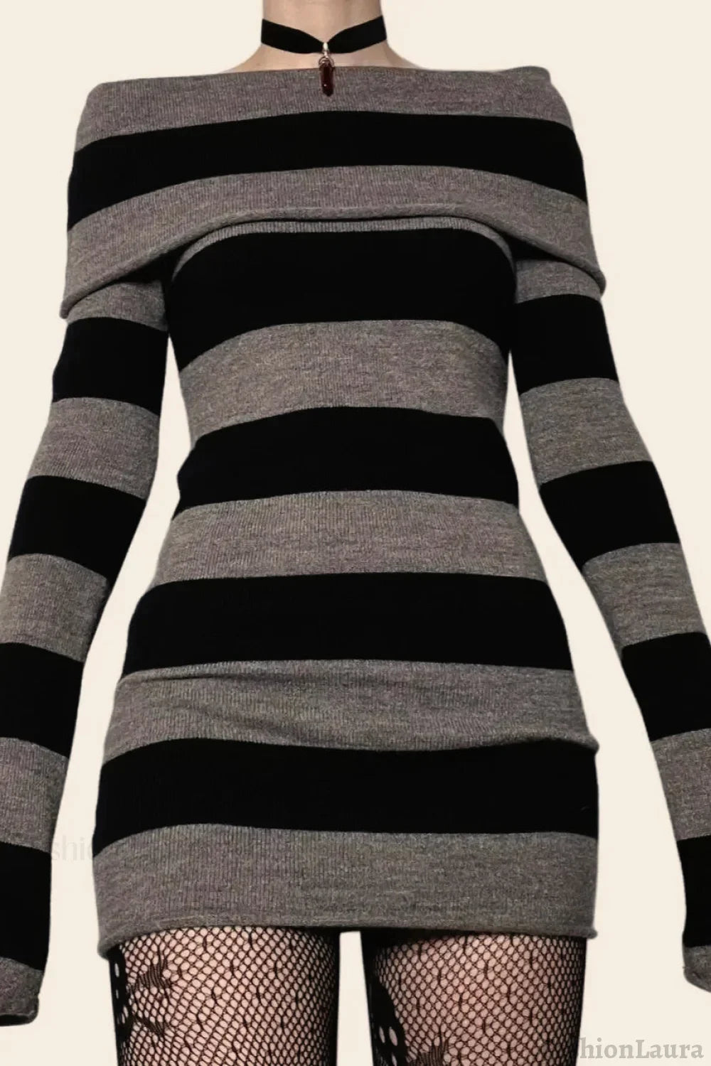 Halloween Gothic Striped Dress Black / S