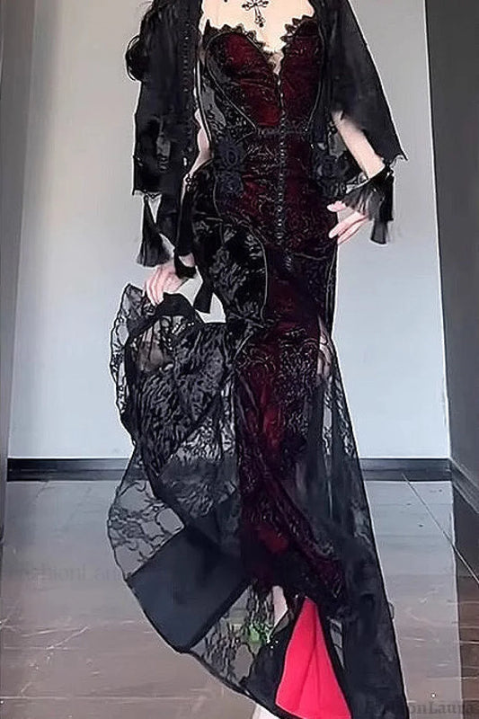 Halloween Gothic Style Dark Shawl Suspenders Tube Top Dress Black / S