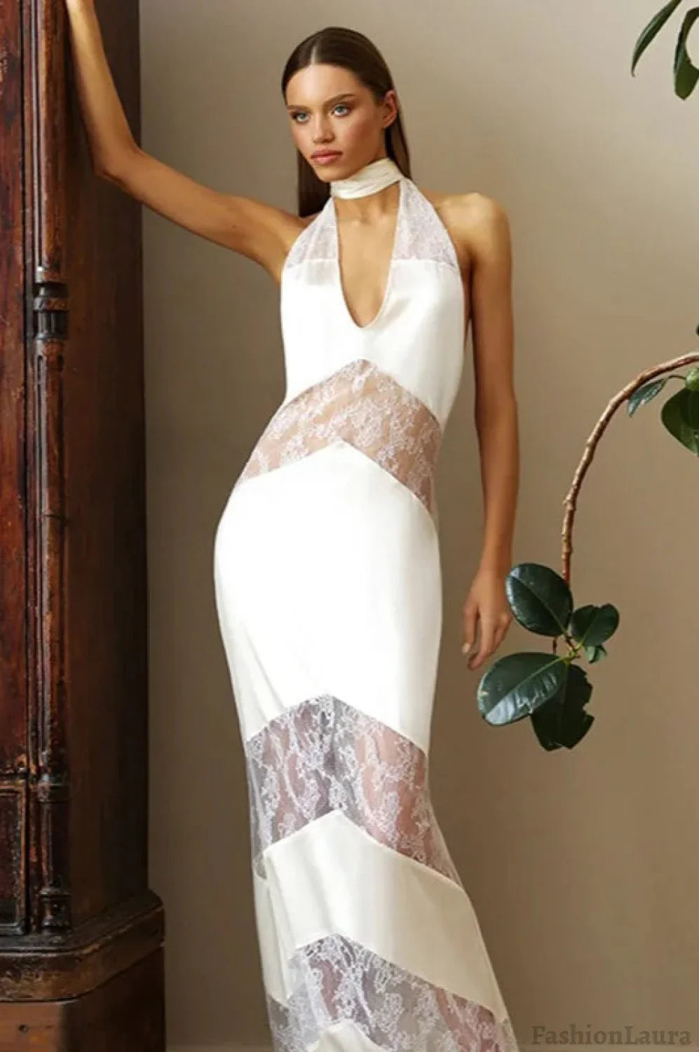 Halloween Lace Backless Halter Dress White / S