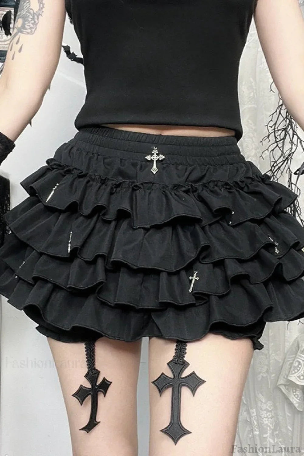 Halloween Punk Gothic Ruffled Skirt with Ballerina Skirt Black / XS
