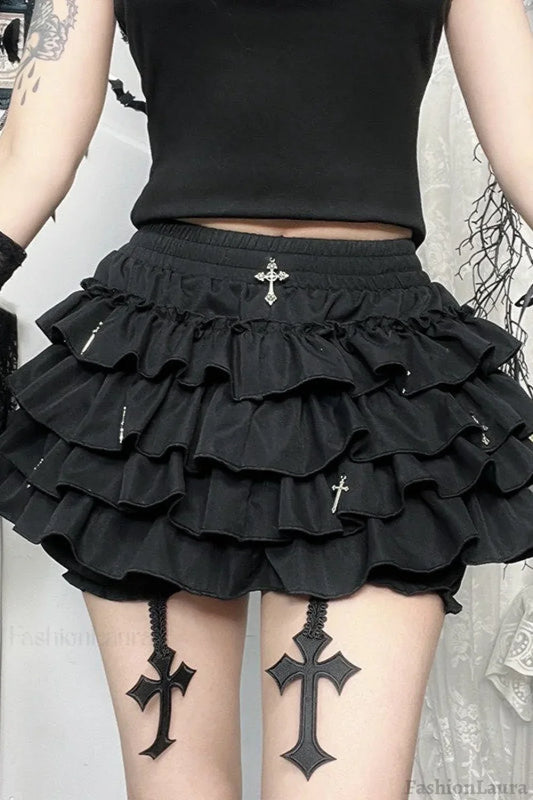 Halloween Punk Gothic Ruffled Skirt with Ballerina Skirt Black / XS