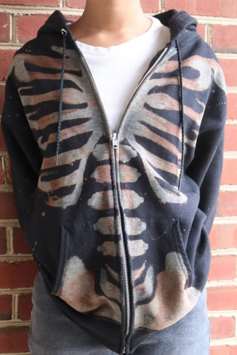 Halloween Skull Print Zip Up Hoodie Black / S