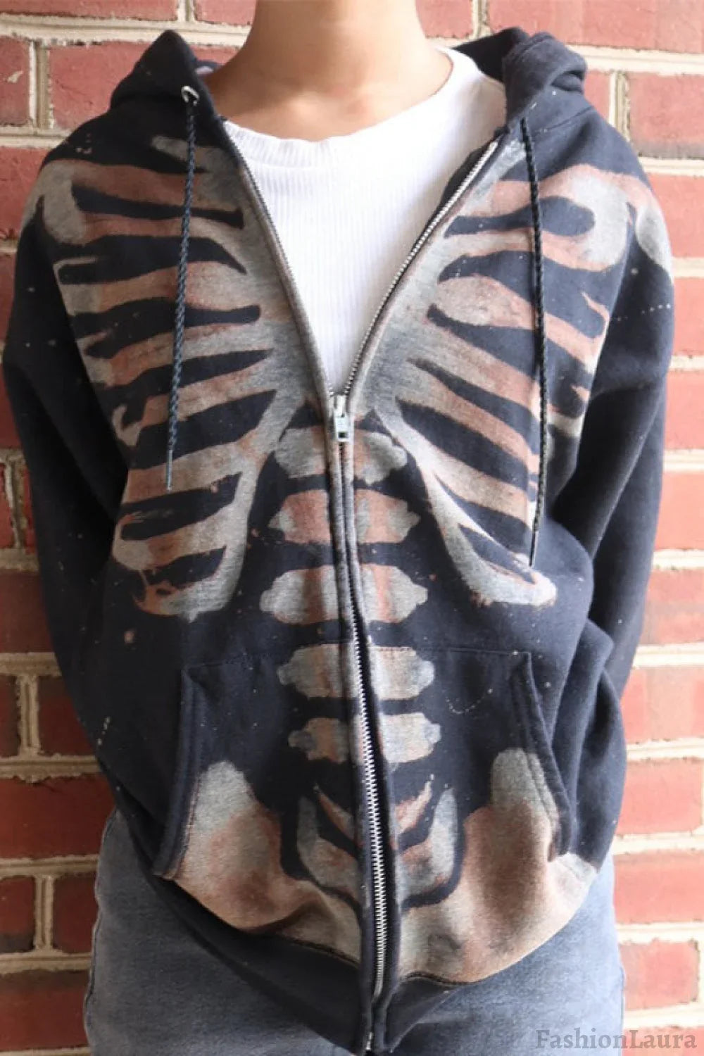 Halloween Skull Print Zip Up Hoodie Black / S