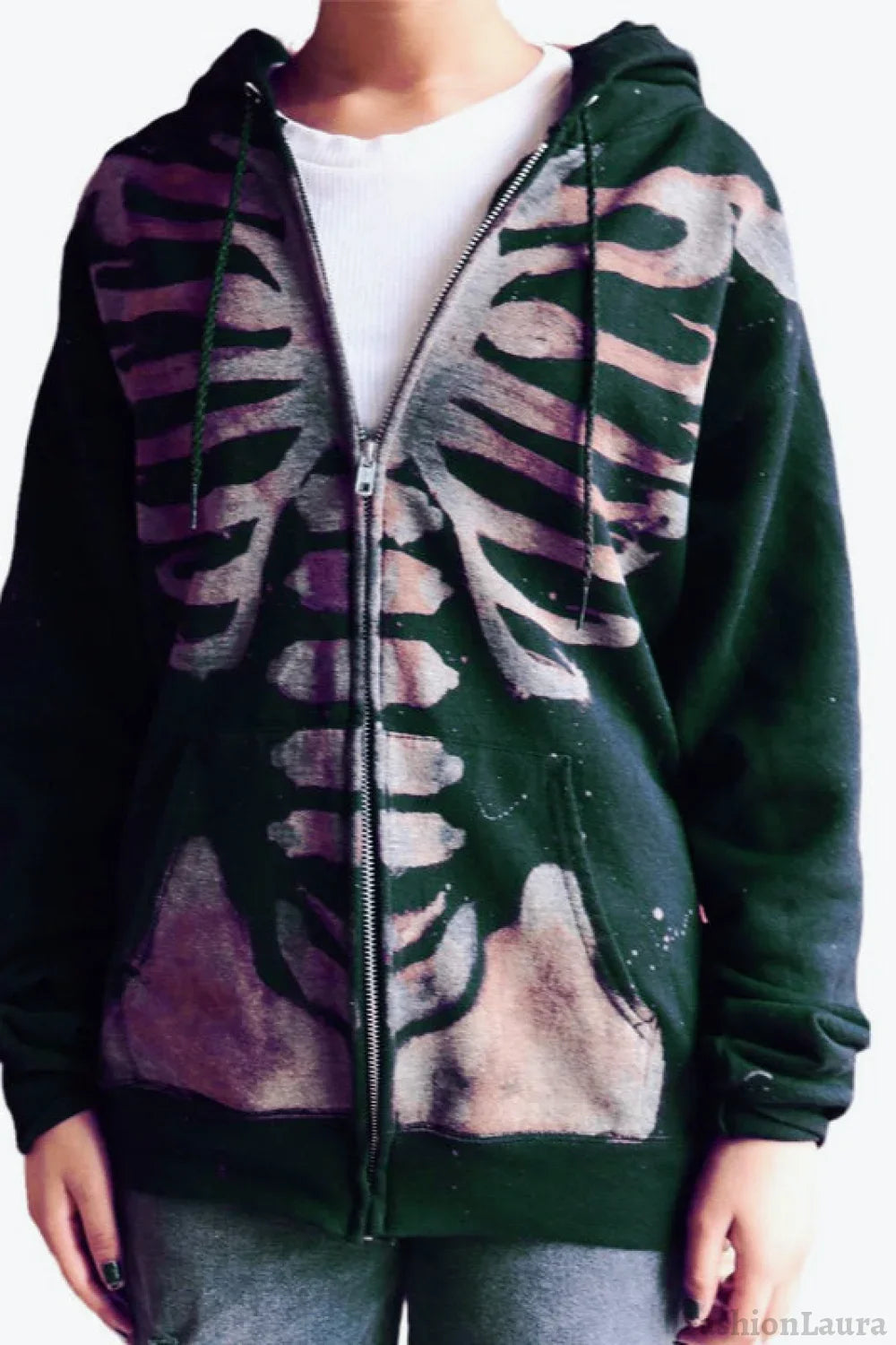 Halloween Skull Print Zip Up Hoodie Green / S