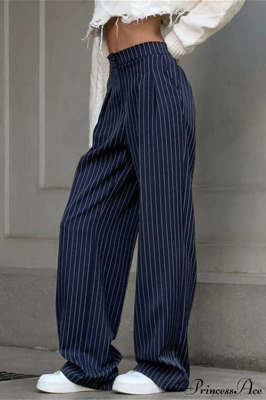 High Waist Straight Wide Leg Navy Stripe Pants