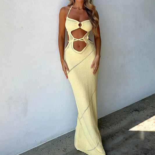 FashionSierra - Women's Sleeveless Knit Long Summer Spring Solid Color Halter Front Cutout Back Maxi Dress