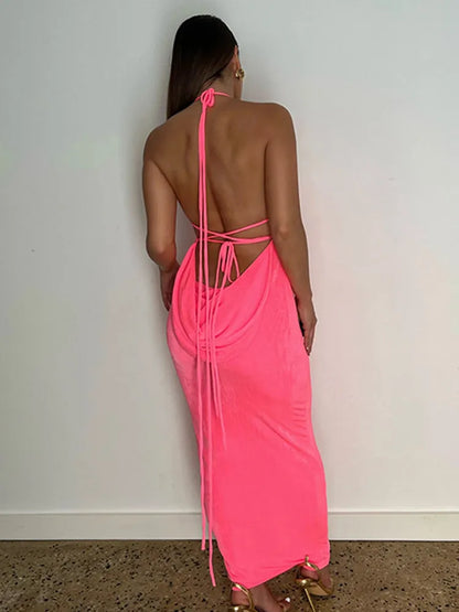 FashionSierra Fashion Halter Sexy Backless Draped Women Summer Club Party Straps Shift Maxi Dress