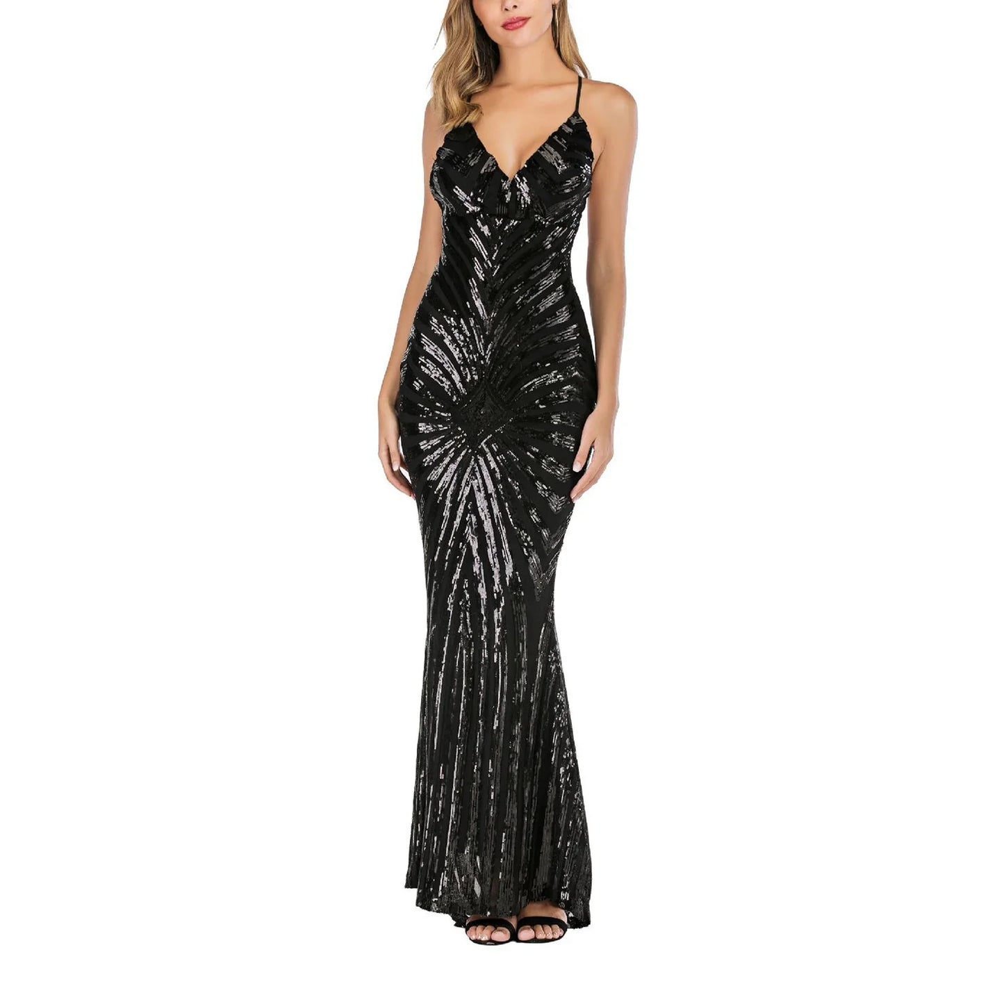 FashionSierra Women Sequins Formal Long Dress Shiny V Neck Backless Evening Gown Maxi Dress