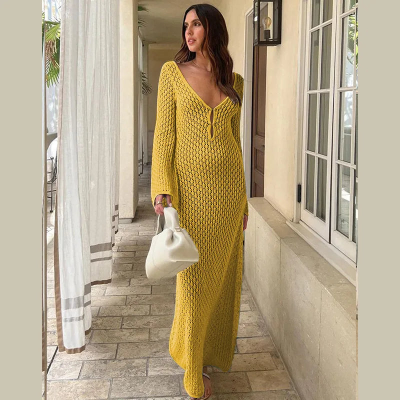 FashionSierra - Hollow Out Knitted Backless V Neck Long Dresses Elegant Summer Holiday Outfits Maxi Dress