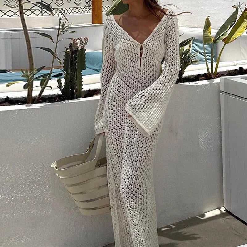 FashionSierra - Hollow Out Knitted Backless V Neck Long Dresses Elegant Summer Holiday Outfits Maxi Dress