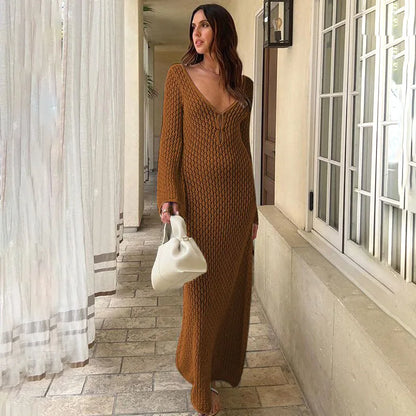 FashionSierra - Hollow Out Knitted Backless V Neck Long Dresses Elegant Summer Holiday Outfits Maxi Dress