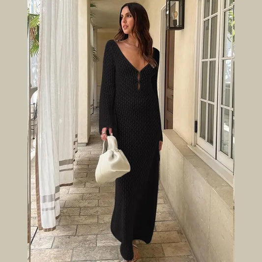 FashionSierra - Hollow Out Knitted Backless V Neck Long Dresses Elegant Summer Holiday Outfits Maxi Dress